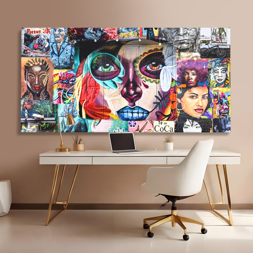 Tablou canvas cu tablou canvas cu colaj grafitti urban, fara rama, pe sasiu de lemn, pe perete intr-un birou